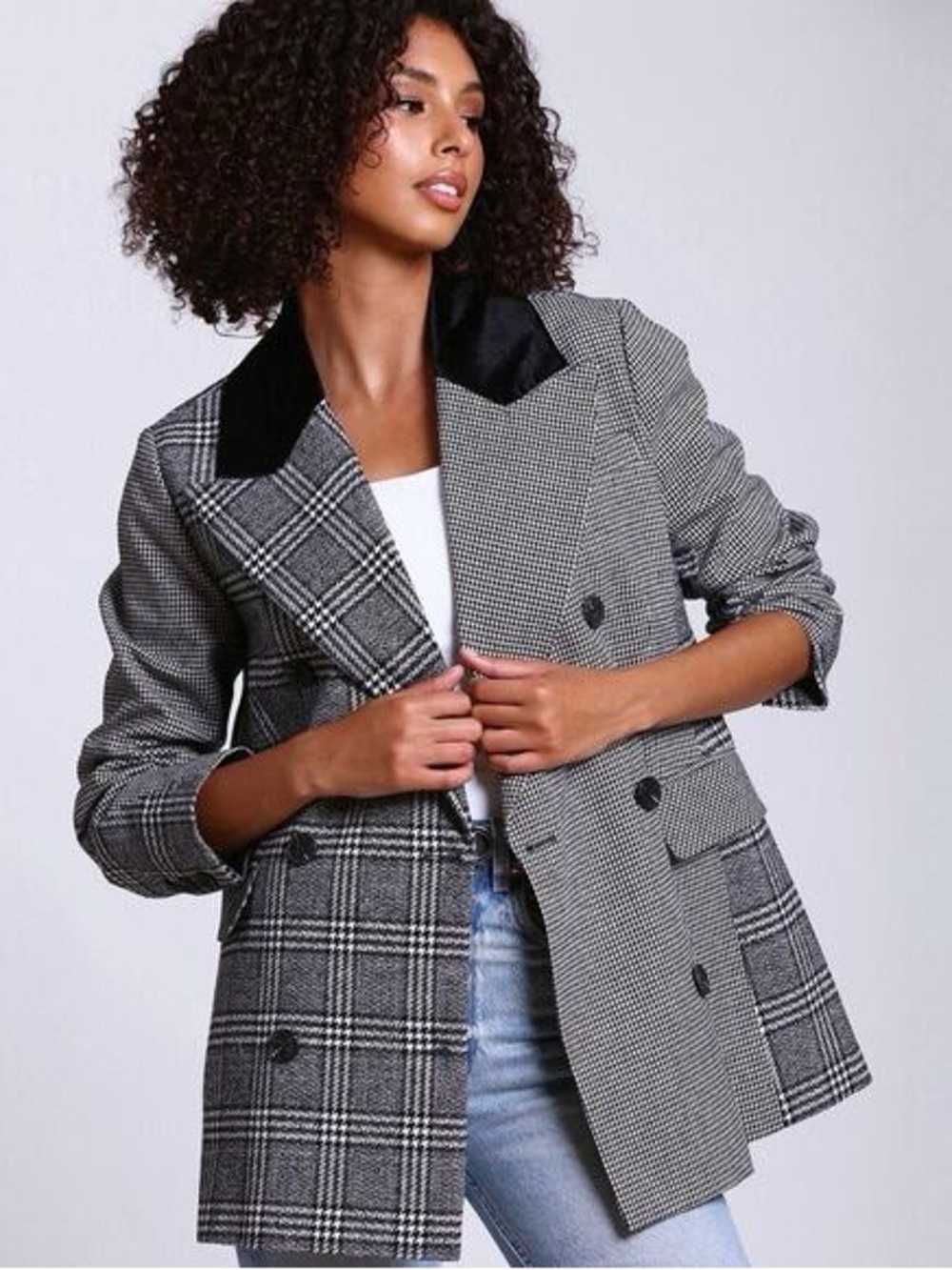 Avec Les Filles houndstooth mixed pattern blazer double breasted womens medium